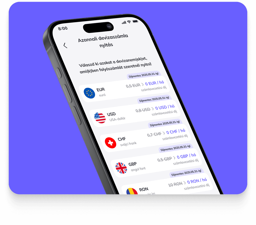 Azonnali devizaszámla nyitás az eBank applikációban.