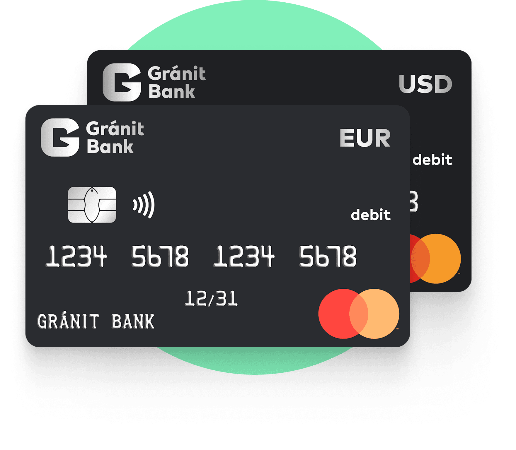 Fekete Gránit EUR és USD devizakártyák egymáson.