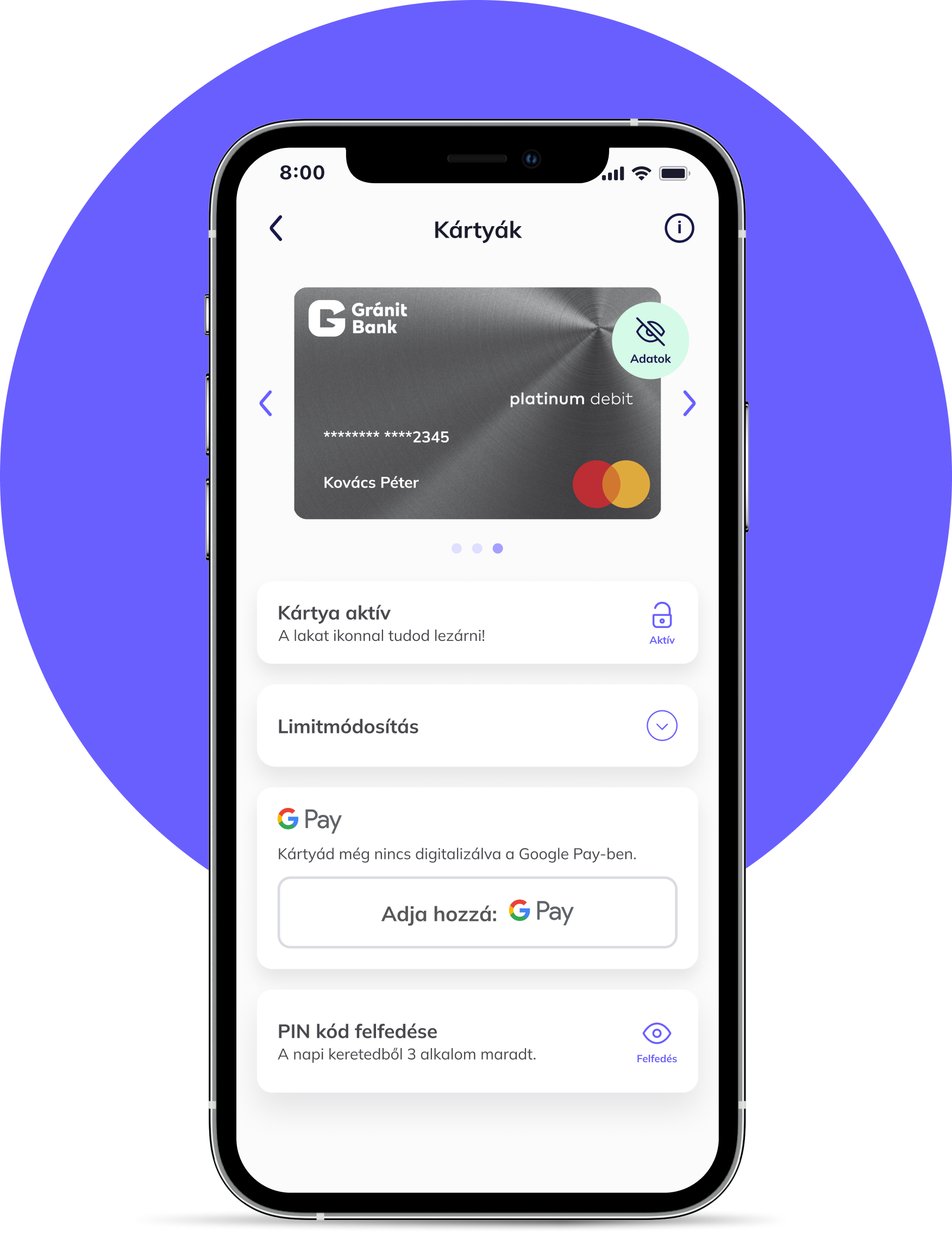 Google Pay alkalmazás, aktív kártyák