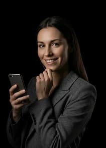 Mosolygós elegáns nő mobiltelefonnal.