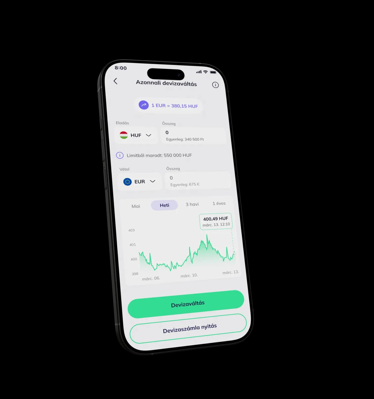 Telefon a Gránit app azonnali devizaváltás képernyőjével: euró-forint középárfolyam, eladási és vételi összegmező, valamint az árfolyam heti grafikonja.