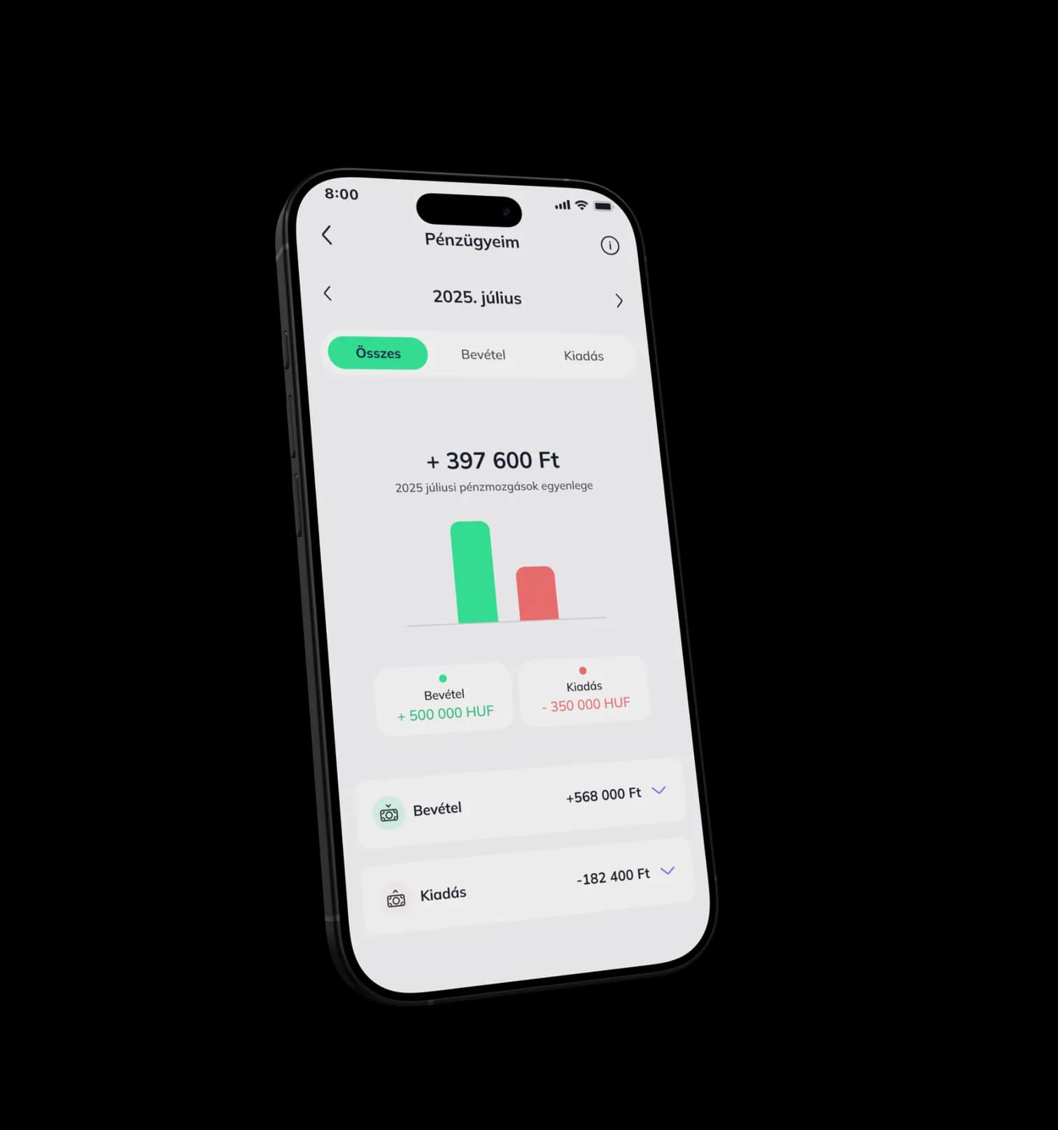 Telefon a Gránit app pénzügyeim képernyőjével: a havi pénzmozgások egyenlege és a bevételeket, kiadásokat összevető oszlopdiagram.