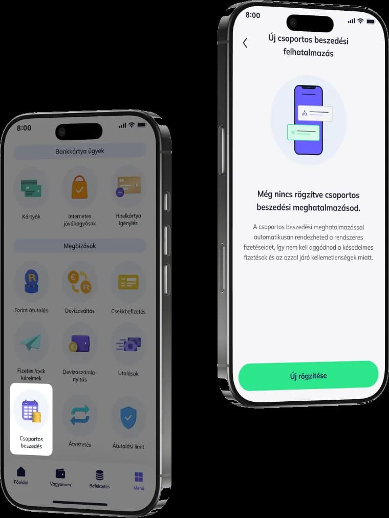 A Gránit app menüje a Csoportos beszedés ikonnal és az Új csoportos beszedési felhatalmazás képernyője, két mobiltelefonon