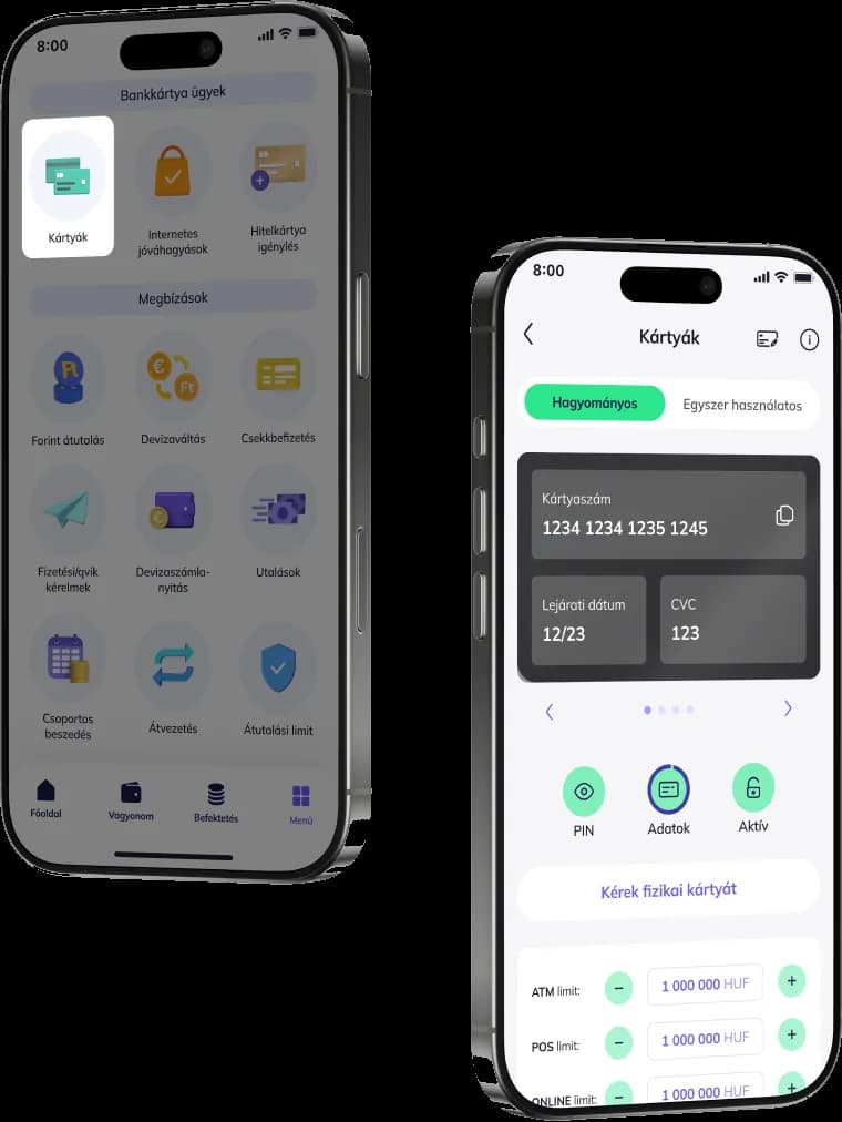 A Gránit app menüje a Kártyák ikonnal és a bankkártya adatait mutató Kártyák képernyő, két mobiltelefonon