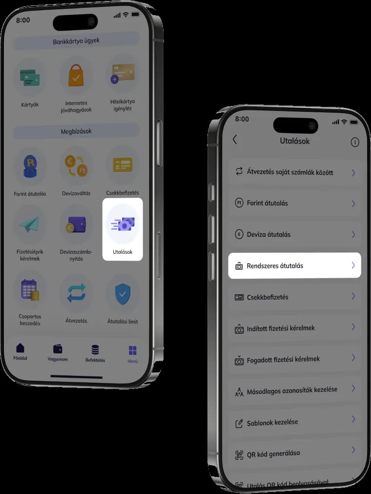A Gránit app menüje és az Utalások képernyője a Rendszeres átutalás menüponttal, két mobiltelefonon
