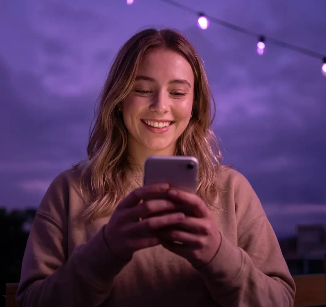 Mosolygó fiatal nő a telefonját nézi egy teraszon, esti fényfüzérek alatt