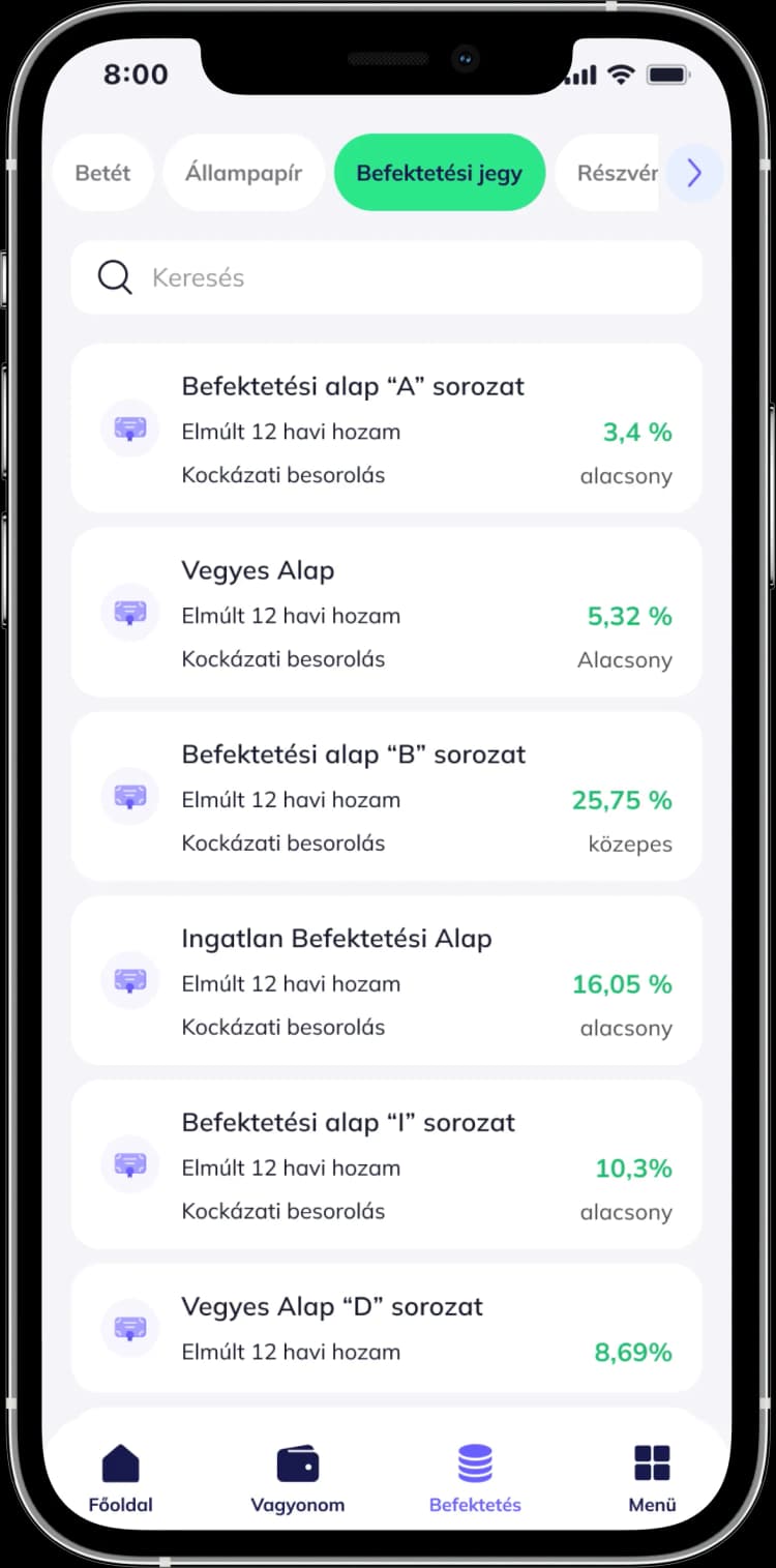 Alkalmazás: Befektetési jegyek listája.