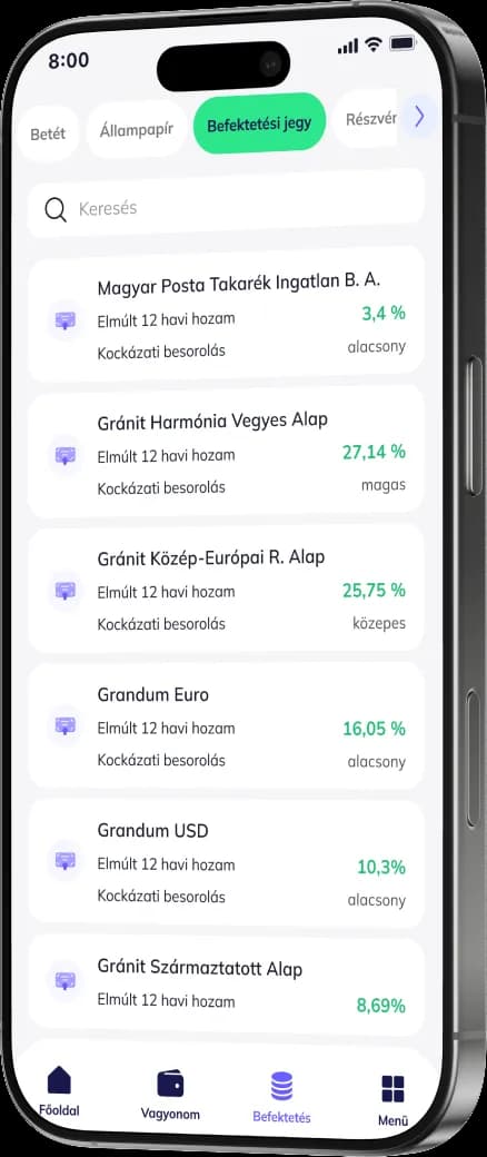 A Gránit eBank alkalmazás befektetési jegy kínálata egy okostelefon képernyőjén