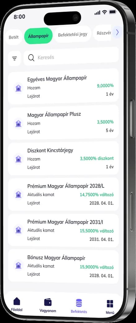 Okostelefon a Gránit eBank alkalmazás értékpapír-listájával: az Állampapír fül aktív, alatta magyar állampapírok hozammal és lejárattal.
