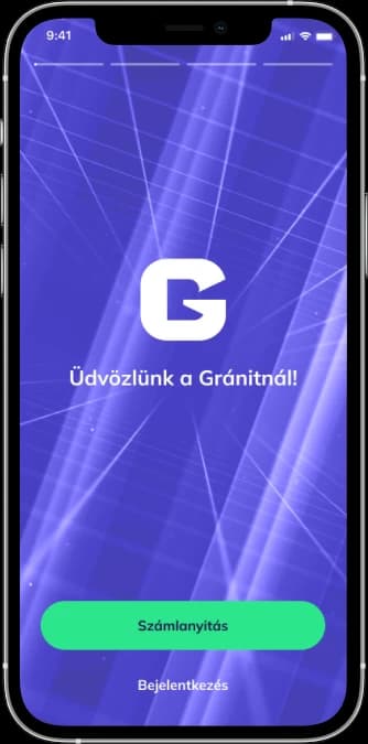 Alkalmazás: Üdvözlő / bejelentkezés képernyő.