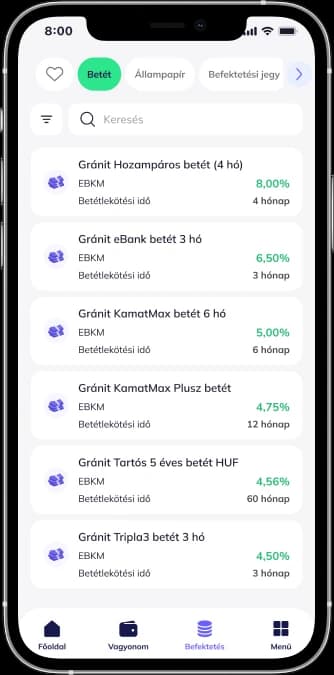 Alkalmazás: Betét kiválasztása képernyő.
