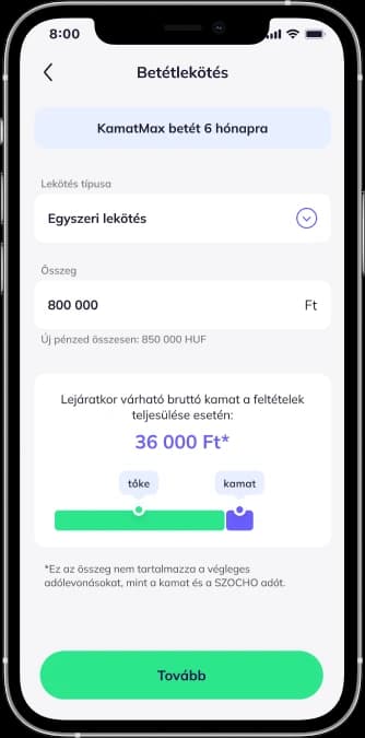 Alkalmazás: Lekötési összeg megadása képernyő.