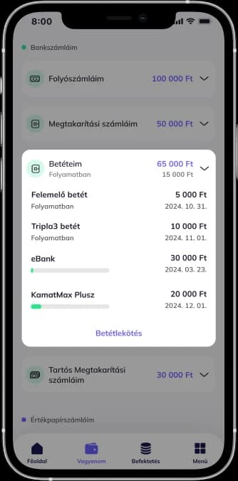 Alkalmazás: Vagyonom / sikeres betétlekötés képernyő.
