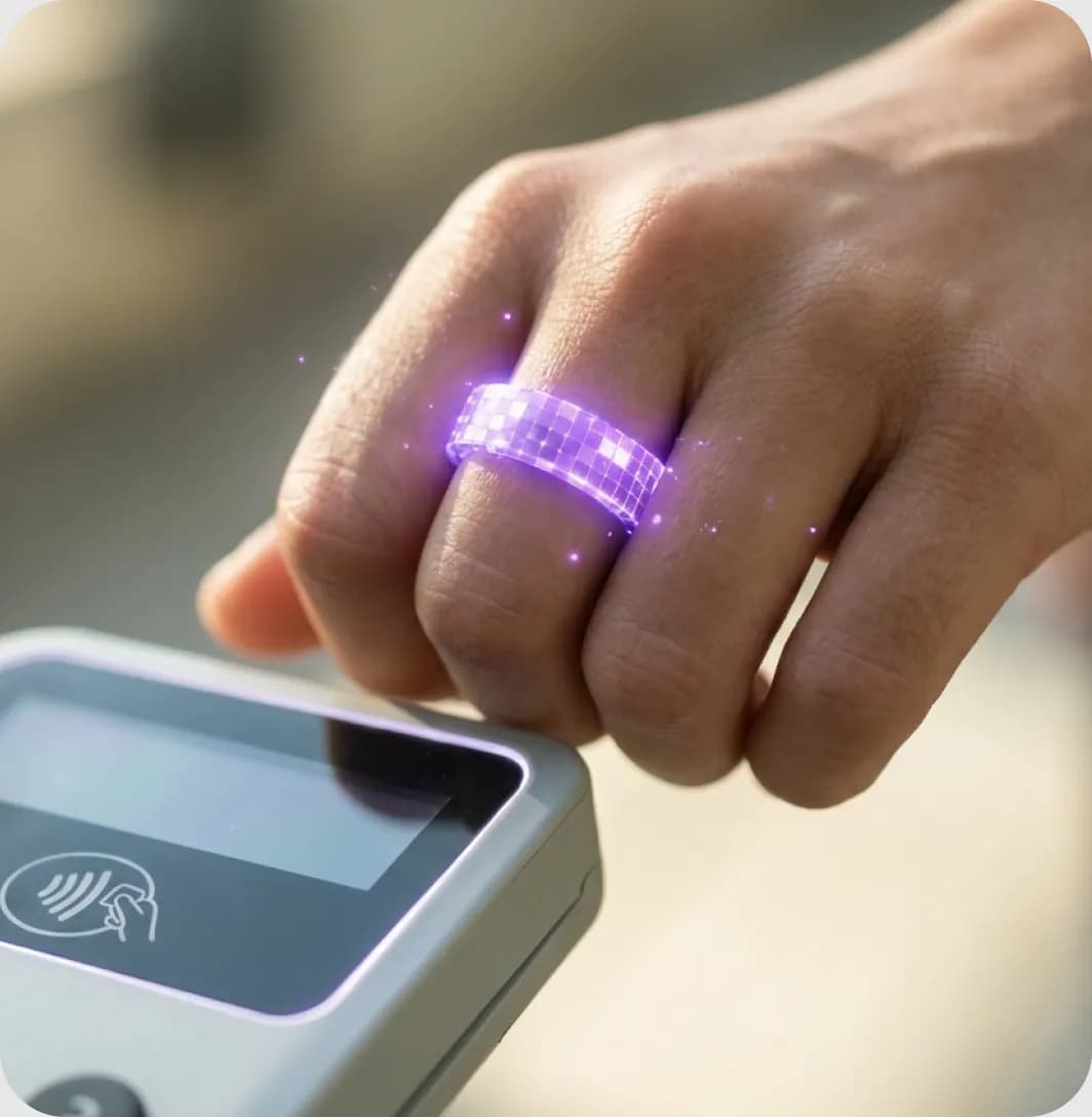 Okosgyűrűt viselő kéz érintéses fizetés közben egy bankkártya-terminál felett