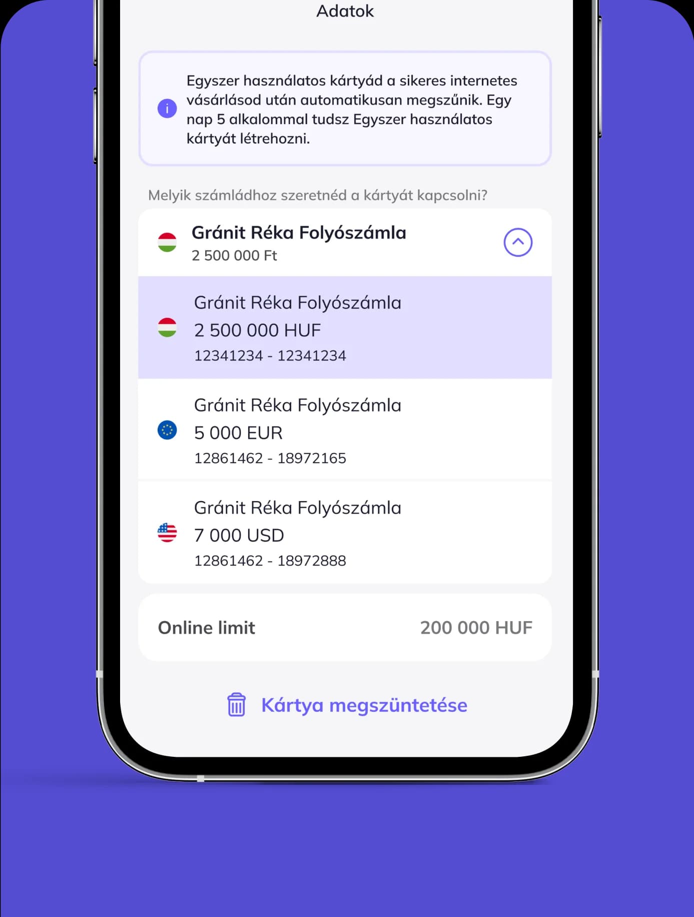 Mobil applikáció ahol több devizanemben is látható kártyák vannak.