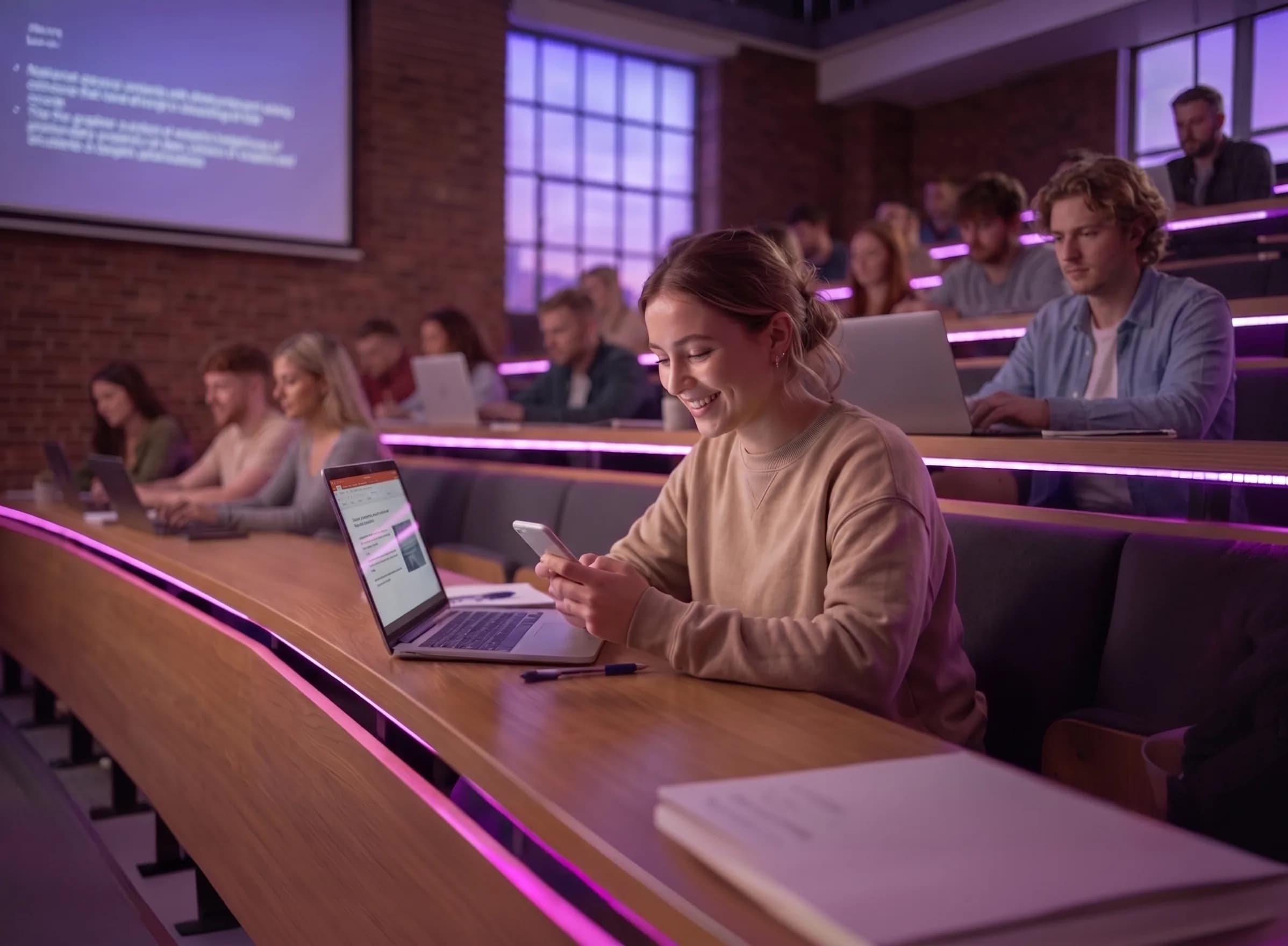 Mosolygó lány laptopja mellett telefonozik egy egyetemi előadóteremben, mögötte további hallgatók.