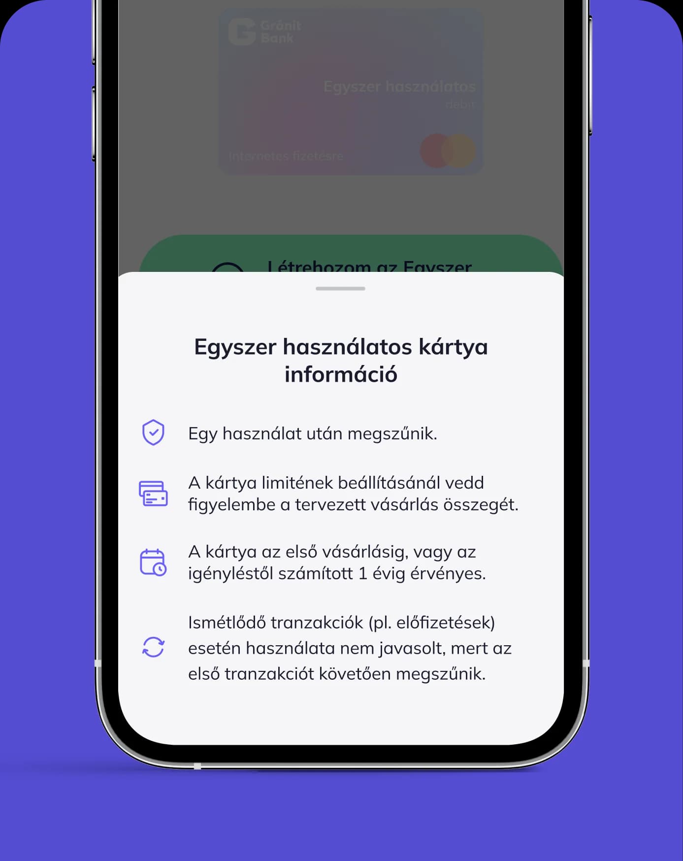 Mobil applikáció, azon belül egy nagy zöld, egyszerhasználot kártyát létrehozó gomb.