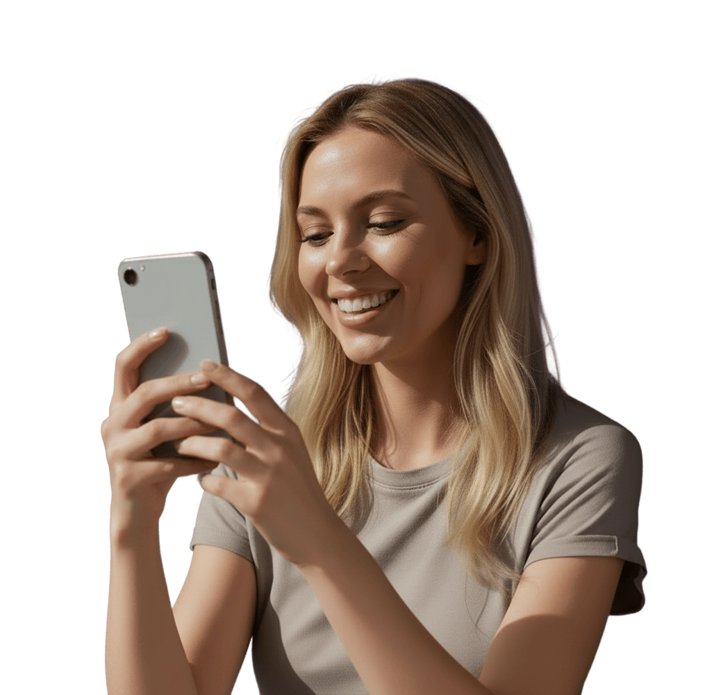 Mosolygós nő mobiltelefonnal.