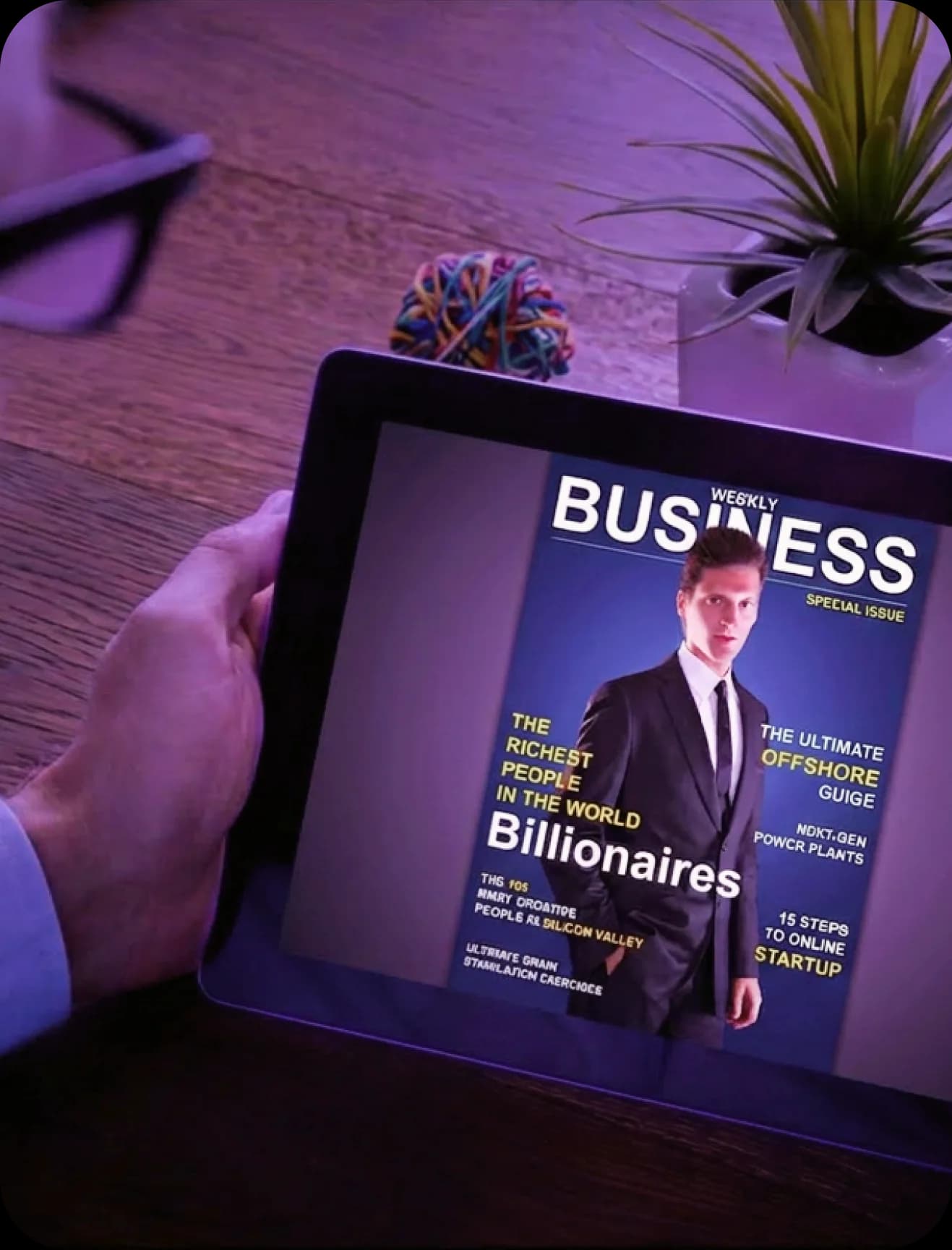 Tableten olvasott üzleti magazin címlapja egy asztalon.