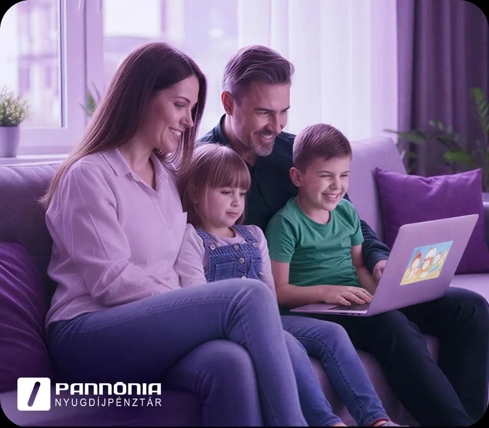 Pár, akik szívet formálnak a kezükkel a Pannónia Nyugdíjpénztár logója pedig ott a kép alján.