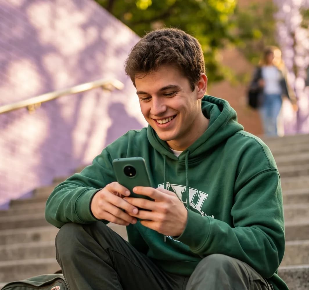 Mosolygós fiú mobiltelefonnal