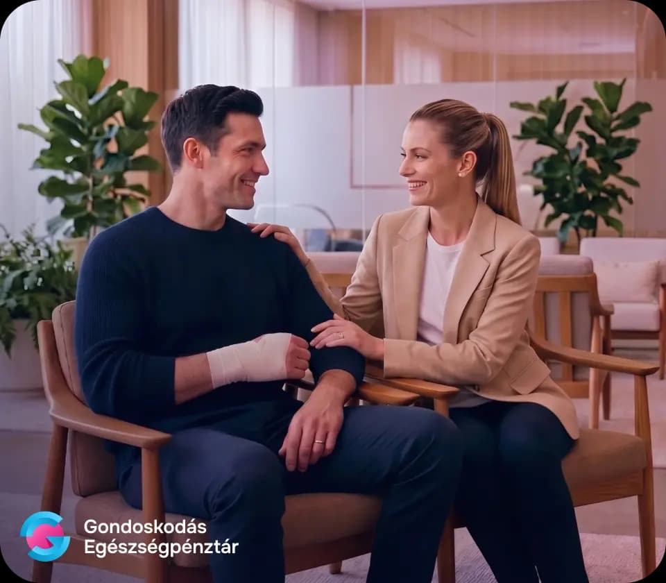 Mosolygó pár otthon, a férfi a nő kezét fogja.