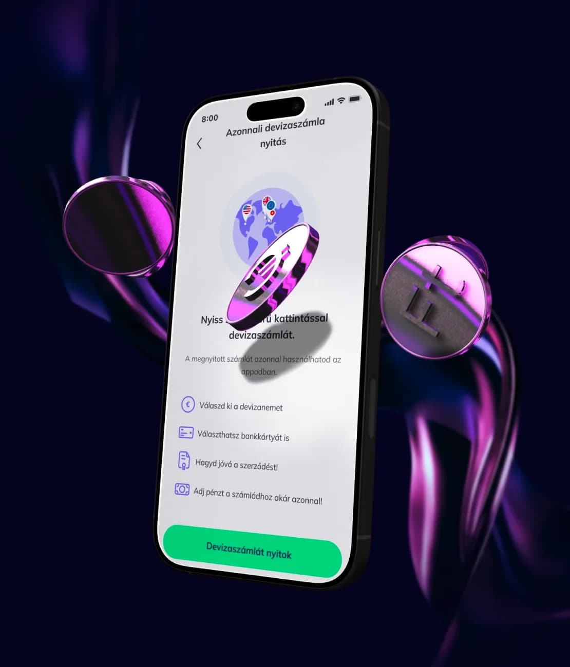 Okostelefon a Gránit app „Azonnali devizaszámla nyitás” képernyőjével, körülötte lila érmék és hullámzó lila szalag sötét háttér előtt