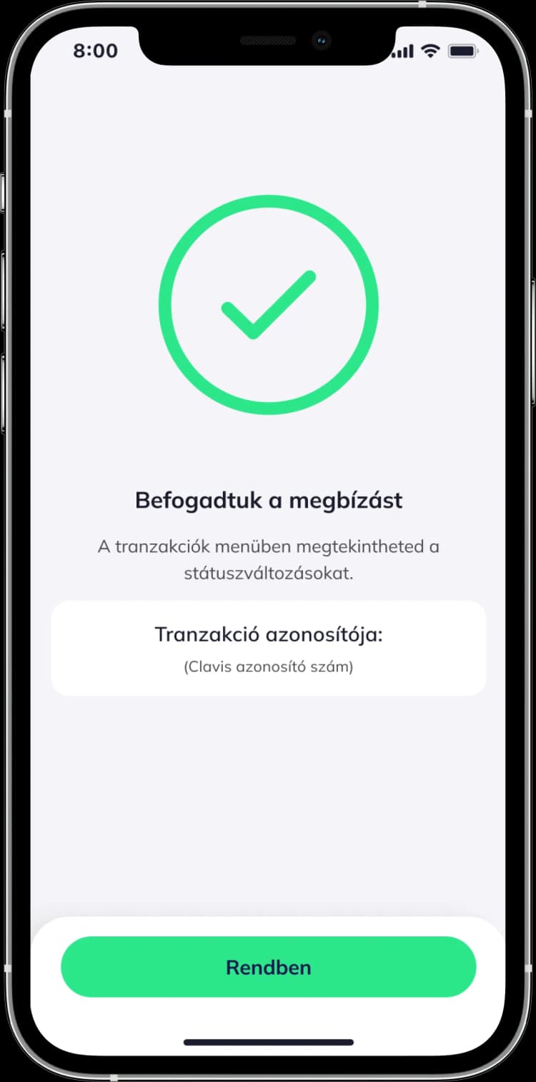 Alkalmazás: Sikeres vásárlás visszajelzés.