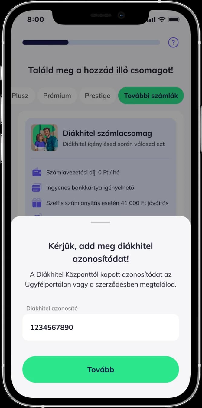 Alkalmazás: Diákhitel azonosító megadása.