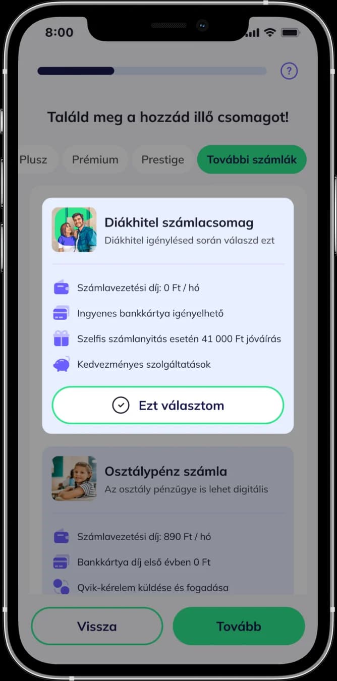 Alkalmazás: Számlacsomag-választó a Diákhitel számlacsomaggal.