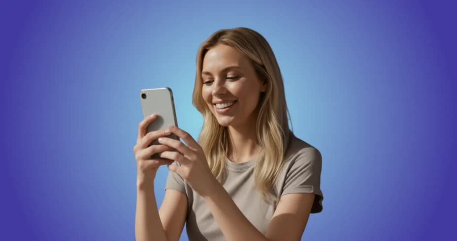 Mosolygó nő a telefonját nézi
