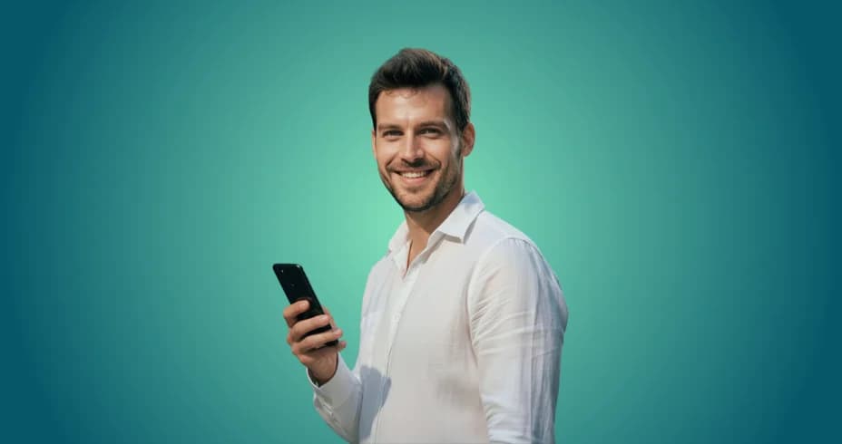 Mosolygó férfi a telefonját nézi