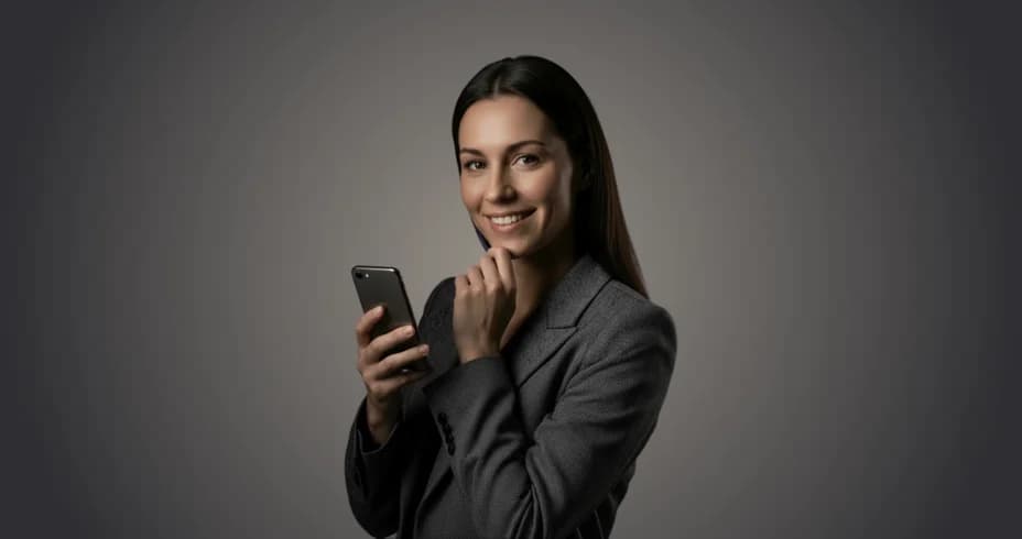 Mosolygó nő a telefonját nézi