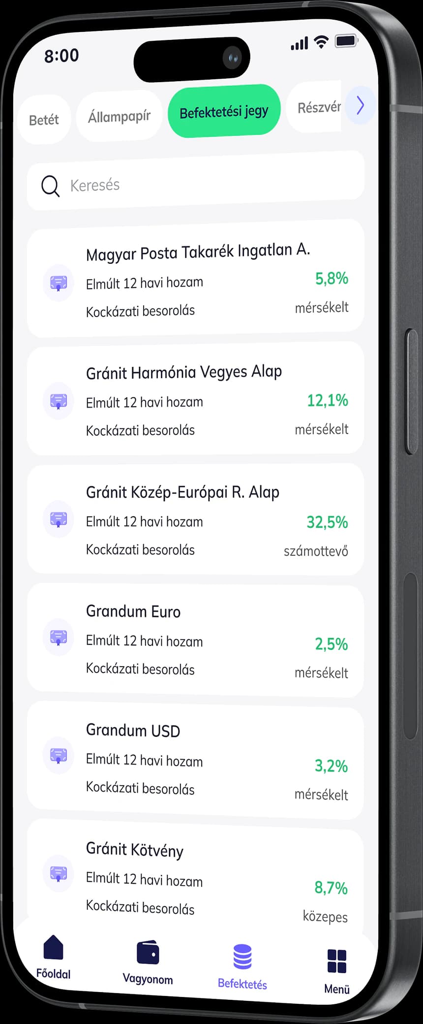 A Gránit eBank alkalmazás befektetési jegy kínálata egy okostelefon képernyőjén