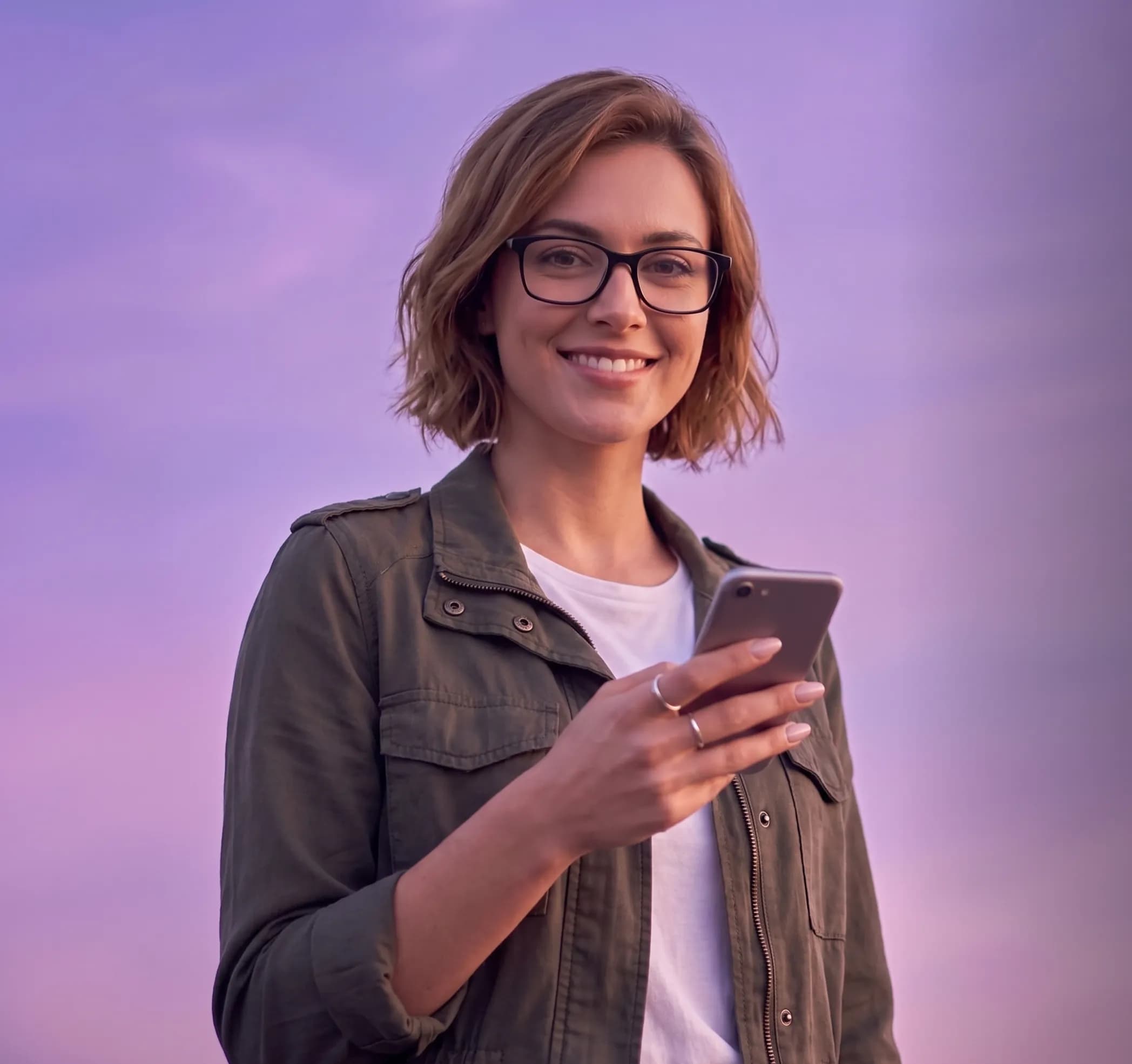 Mosolygó, szemüveges nő mobiltelefonnal
