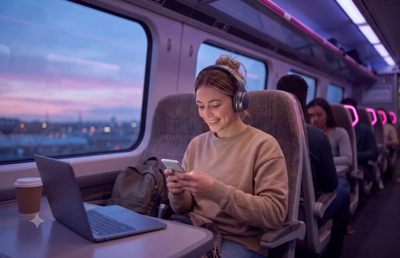 Fiatal nő mobiltelefonját nézi utazás közben a vonaton