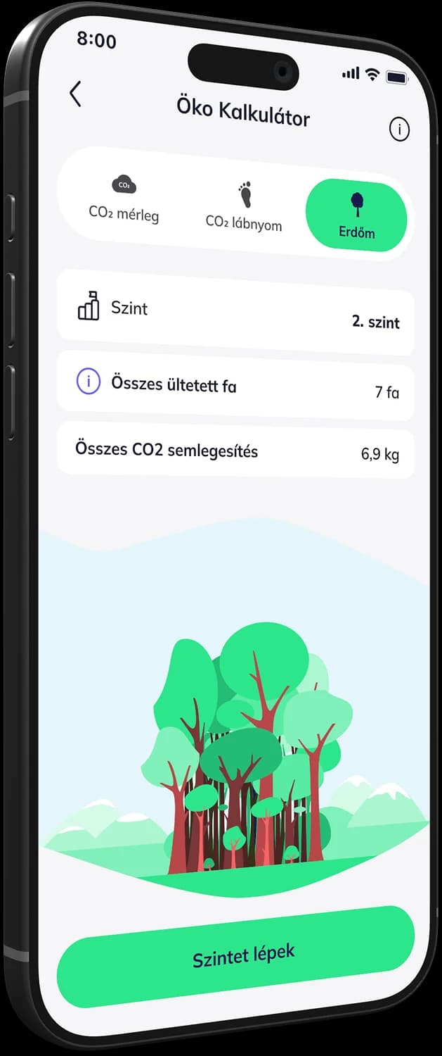 A Gránit eBank Öko Kalkulátor képernyője egy okostelefonon, az ültetett fákkal és a CO2-megtakarítással.
