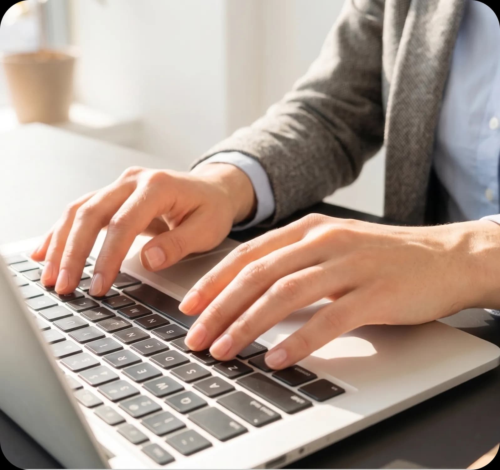 Laptop billentyűzetén gépelő személy kezei egy üzleti munkakörnyezetben.
