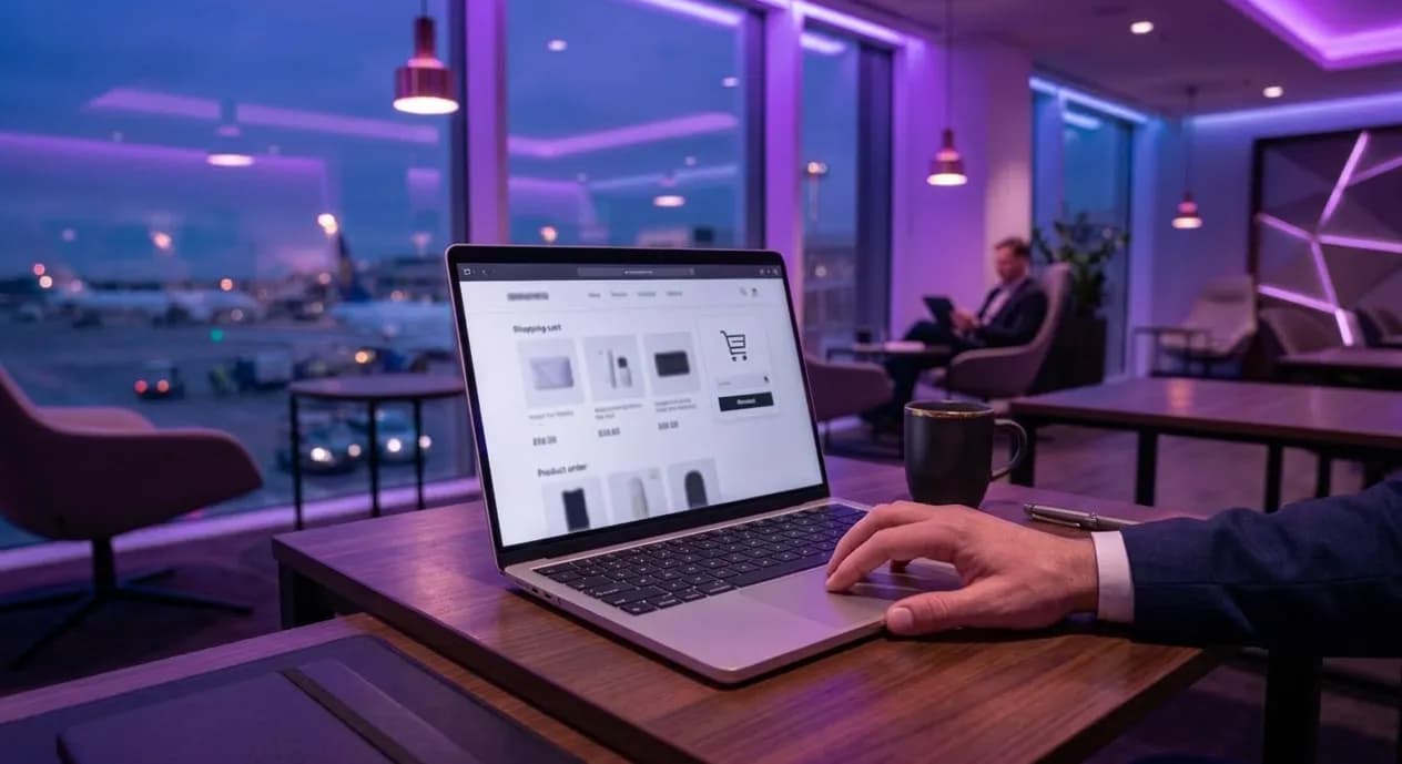 Kéz egy nyitott laptopon, amelyen egy webáruház kosároldala látszik, egy lila fényű váróterem asztalán, mellette kávésbögre